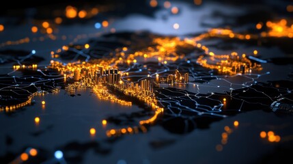 Pixelated country map with highlighted cities and digital grid overlay on dark background