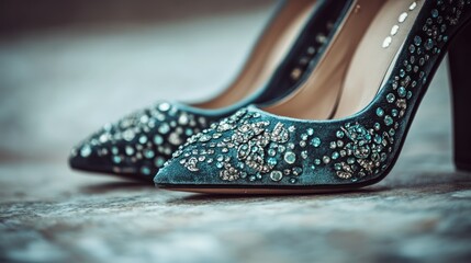 Elegant blue heels adorned with sparkling gemstones on display