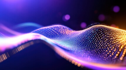 Radiant cosmic particles forming abstract waveforms in space, 3D digital art style