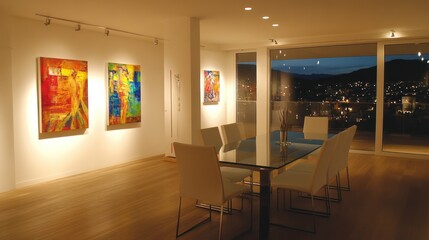 A modern dining room with artwork and scenic night view