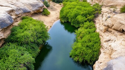 Remote desert oasis with sparkling water and dense greenery from above