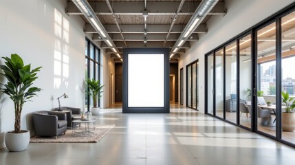 Obraz premium Modern commercial office interior with bright empty space, plants, and contemporary furniture in a spacious setting