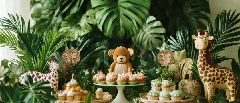 Cute teddy bear and giraffes among cupcakes in lush greenery