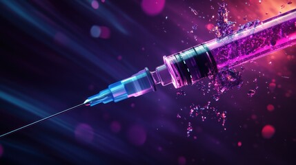 A futuristic medical syringe featuring liquid and dynamic particles
