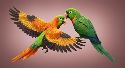 Fototapeta premium Two Parrots One Flying One Perched