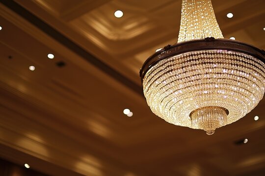 A large, ornate crystal chandelier hangs from a high ceiling