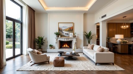 Fototapeta premium Modern Living Room with Cozy Fireplace and Elegant Decor in Bright, Airy Space