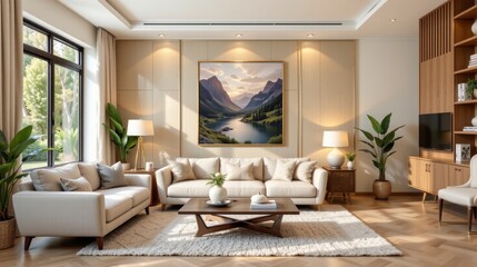 Fototapeta premium Cozy and Modern Living Room with Nature Themed Artwork and Bright Natural Light for Interior Design Inspiration