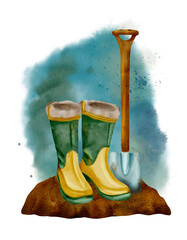 Gardening Essentials Colorful Boots and a Shovel resting on Fertile Soil for Planting © Elena