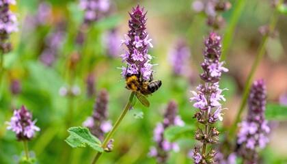 Bumblebee Pollinating Lavender Flowers in a Lush Garden A Close Up Shot of Nature's Beauty