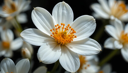 Delicate White Blooms: Close-Up of White Flowers with Yellow Centers Against a Dark Background

