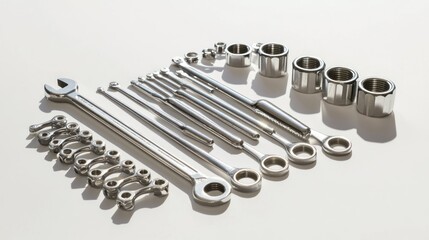 Various metallic tools and hardware arranged neatly on a white surface