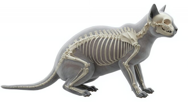 Isolated Gray Cat with Visible Full Skeleton on White Background Detailed Anatomical View Featuring Skull Ribs and Limbs for Veterinary or Science Educational Purposes