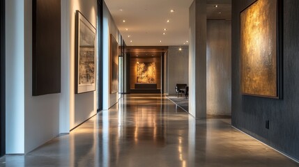 Fototapeta premium Modern art gallery hallway with polished floors and lighting