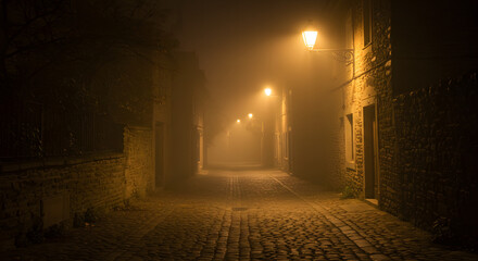 Cobblestone street in old village, streetlights casting golden halos in the night mist, not a living soul in sight, atmosphere of abandonment and mystery
