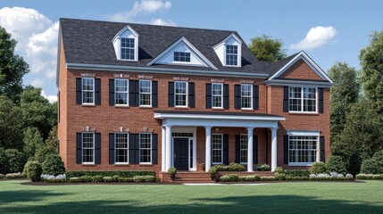 Fototapeta premium Classic Colonial House with Lush Green Lawn and Serene Blue Sky backdrop