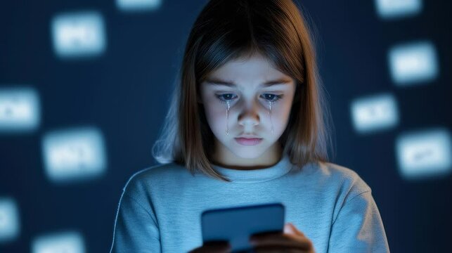 Upset young girl with tears streaming down her face looks at a smartphone, representing cyberbullying or screen addiction.