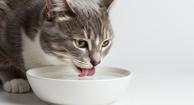 Isolated Gray and White Tabby Cat Drinking Water From Bowl With Pink Tongue Visible Against Clean White Background