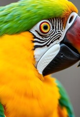 close up of a green and yellow parrot