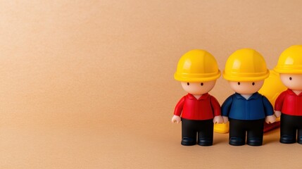 Three Miniature Construction Workers on Tan Background