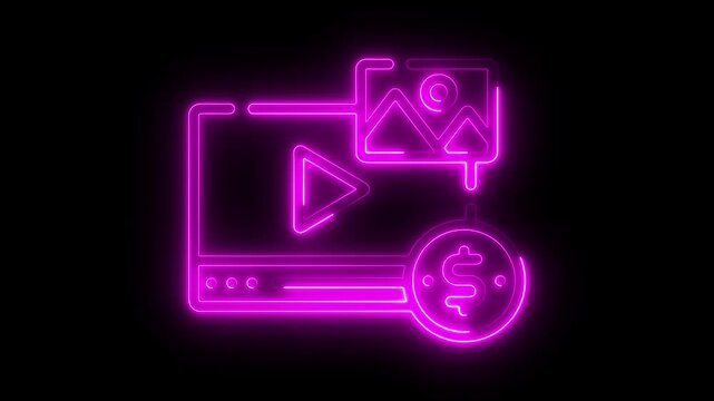 Glowing neon paid content icon isolated on black background. 4k Video motion 