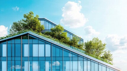 Modern Glass Building with Green Rooftop and Trees
