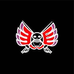 Winged Skull Pirate Emblem with Swords on Black Background
