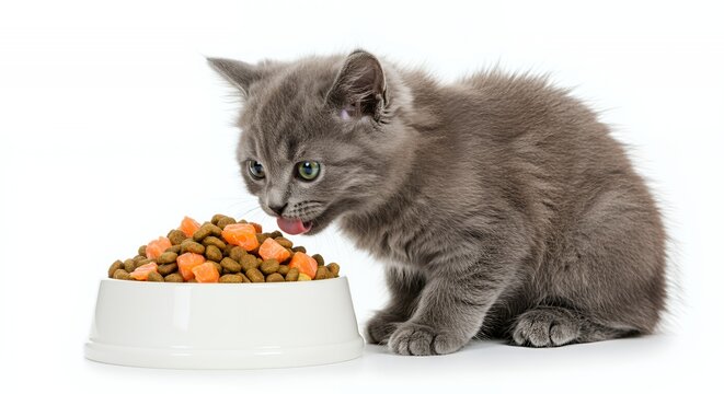 Gray Kitten Licking Nose Next to Bowl of Food Isolated on White Background - Powered by Adobe