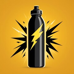Black Water Bottle with Lightning Bolt on Bright Yellow Background