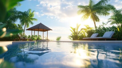 Fototapeta premium Serene tropical poolside scene at sunset with lush greenery