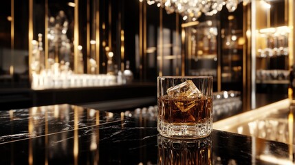 Elegant whiskey glass on a luxurious bar with ambient lighting