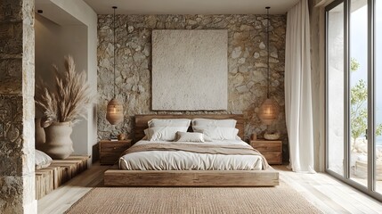 Modern bedroom with a stone wall and wooden furniture