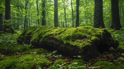 Obraz premium Moss covered fallen tree in a lush verdant forest
