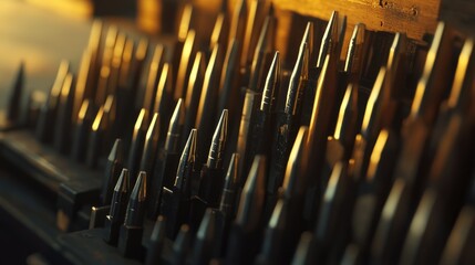 Rows of ammunition cartridges stored neatly in a wooden holder