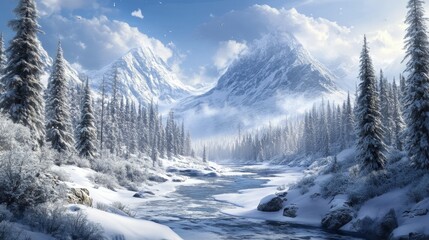 Snowy mountain valley with a crystal clear stream.