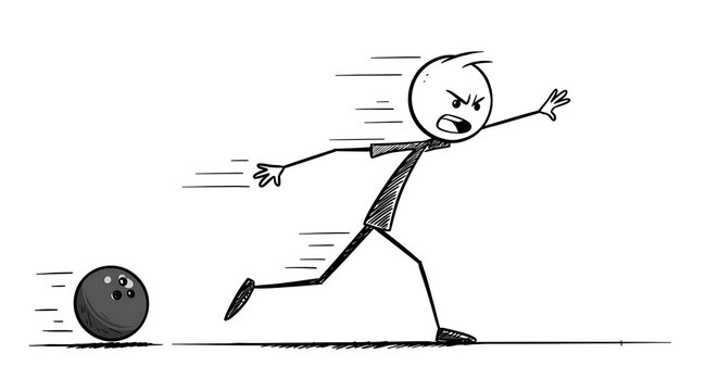 Frustrated stick figure throwing bowling ball with force and aggressive expression