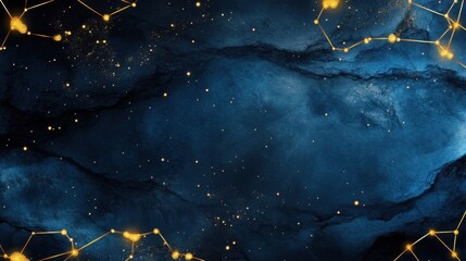Vintage star map effect in dark blue with gold specks and celestial flourishes