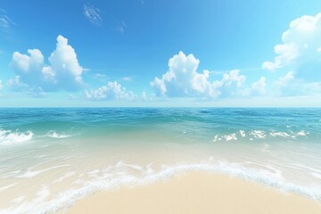 Fototapeta premium Tranquil beach scene under a vibrant blue sky. Soft waves gently lapping at the shore