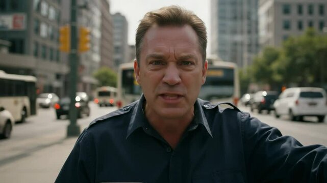 Intense Middle-Aged Male in Blue Shirt Shouting on Urban Street During Daytime &ndash; Capturing the Emotion of Anger in a Busy City Scene