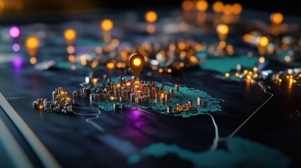 Zoomed-in city spots on a colorful pixelated country map with glowing markers