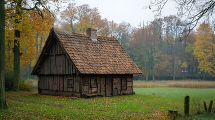 Fototapeta premium Rustic cabin nestled in an autumnal forest landscape