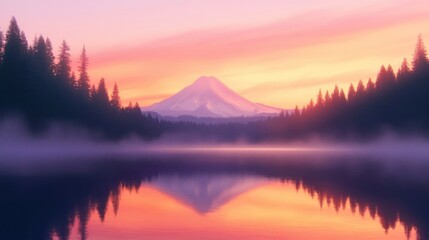 Fototapeta premium Tranquil Mountain Sunrise Reflecting on Misty Lake