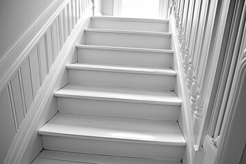 White wooden staircase in a light-filled interior with decorative wall panels.  A classic, clean design