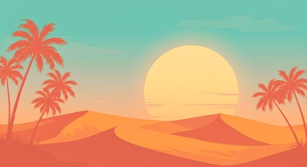 Serene Sunset Over a Desert Oasis: Palm Trees Silhouette Against Vibrant Hues