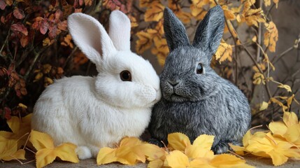 Obraz premium Two Rabbits Sitting on Autumn Leaves
