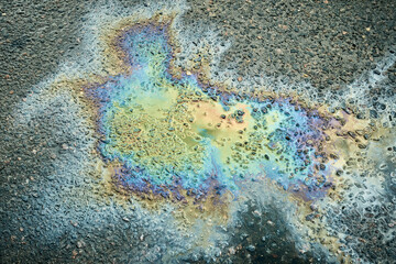 A bright oil slick spreads across asphalt, reflecting various colors as sunlight hits the puddle.