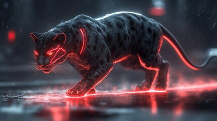 Dark panther with glowing red lines in urban rain