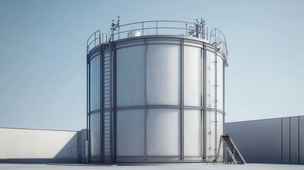 Large, stainless steel industrial storage tank with ladder under clear blue sky. Use in energy, oil, agriculture, factory, or other industrial themed project.