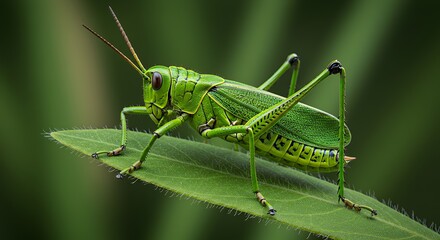 Fototapeta premium Vibrant Green Grasshopper on a Leaf: A Macro Photography Masterpiece