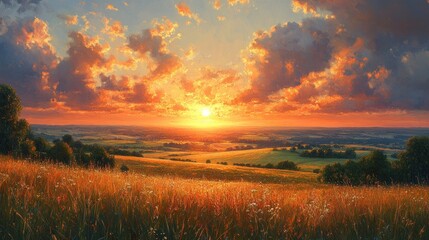 Obraz premium Golden sunset over a vast, grassy field